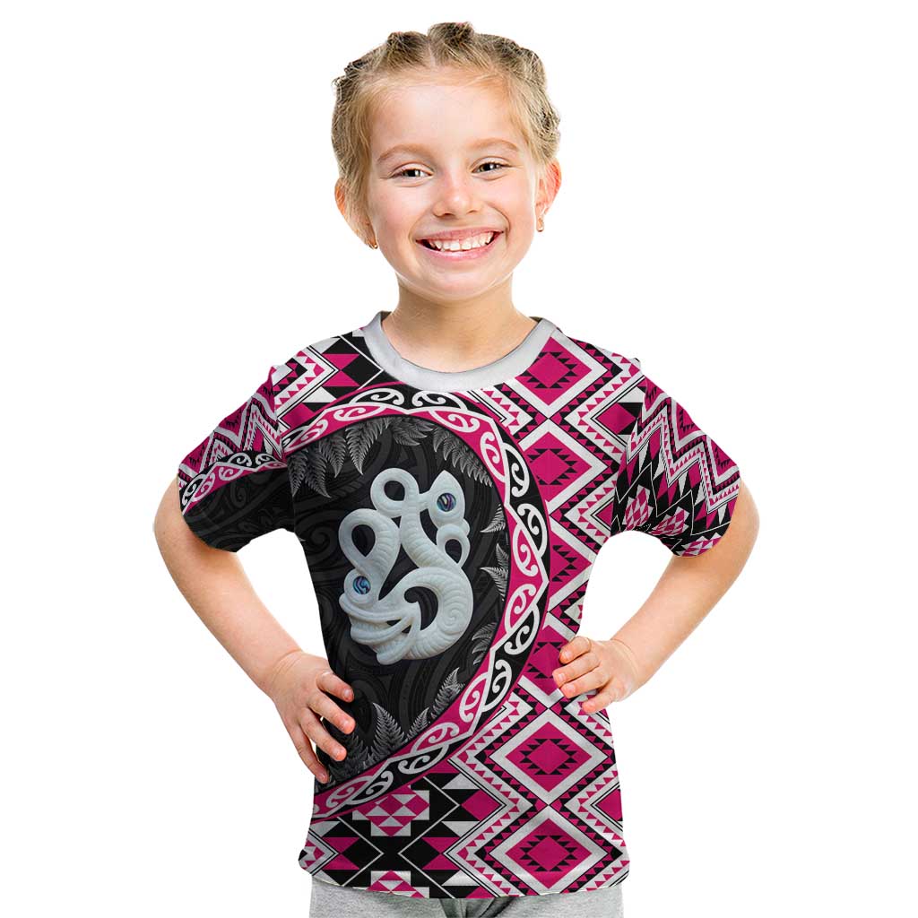 Pink Taniko Motif Aotearoa Manaia and Silver Fern Kid T Shirt