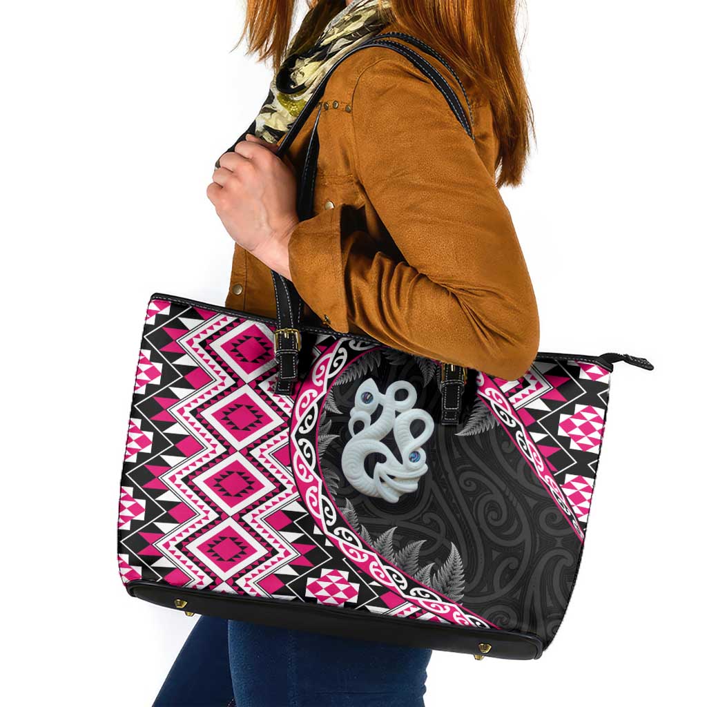 Pink Taniko Motif Aotearoa Manaia and Silver Fern Leather Tote Bag LT03 Pink - Polynesian Pride