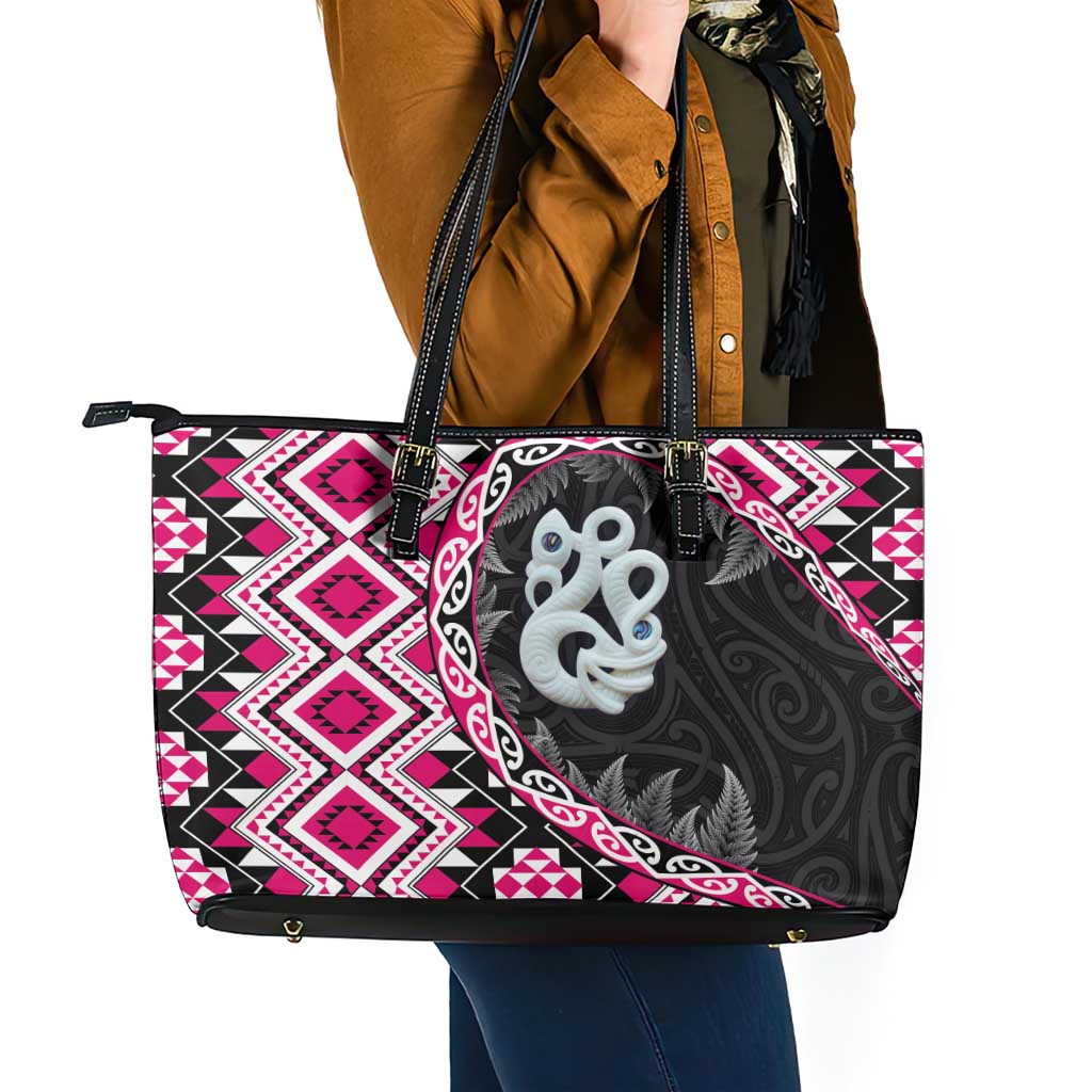Pink Taniko Motif Aotearoa Manaia and Silver Fern Leather Tote Bag LT03 - Polynesian Pride