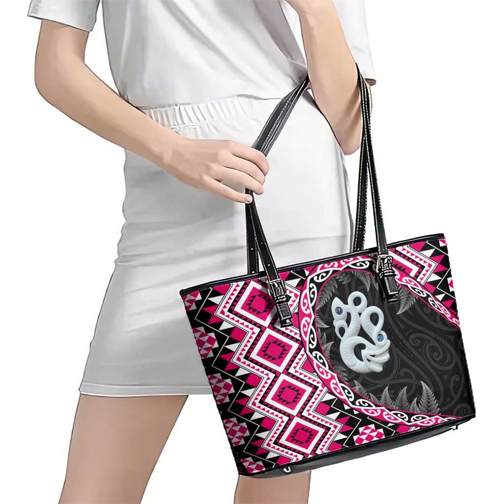Pink Taniko Motif Aotearoa Manaia and Silver Fern Leather Tote Bag LT03 - Polynesian Pride