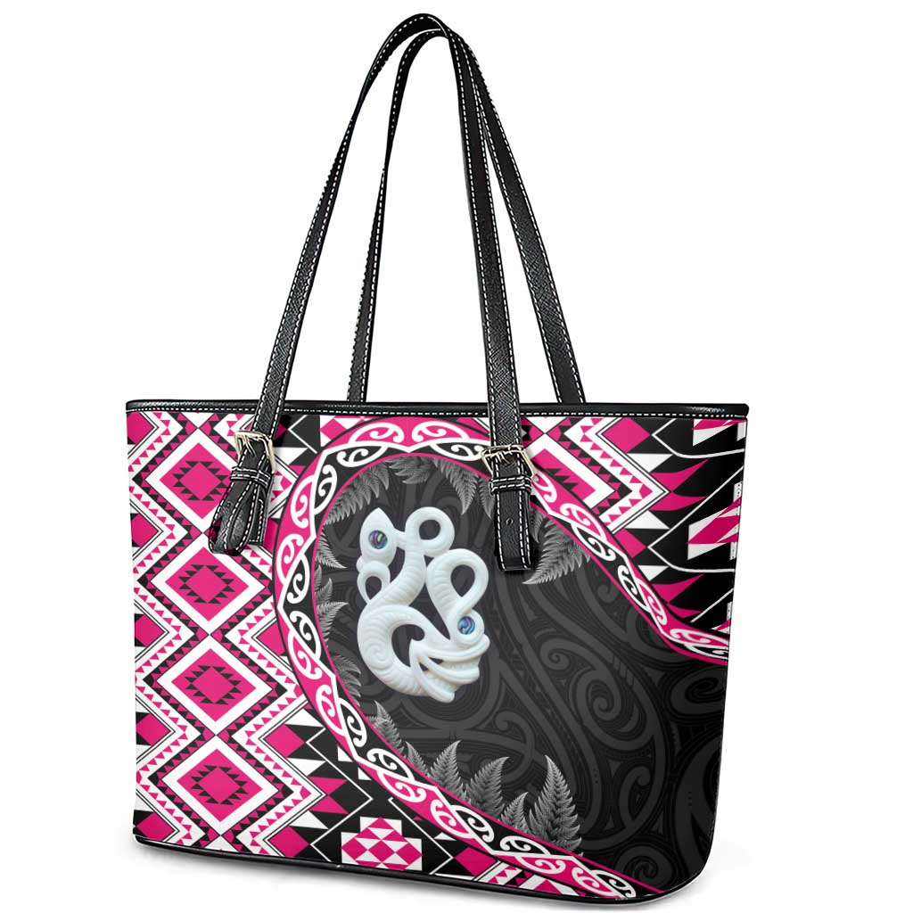 Pink Taniko Motif Aotearoa Manaia and Silver Fern Leather Tote Bag LT03 - Polynesian Pride