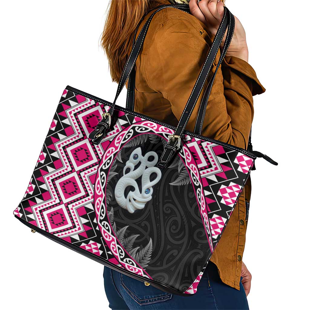 Pink Taniko Motif Aotearoa Manaia and Silver Fern Leather Tote Bag LT03 - Polynesian Pride