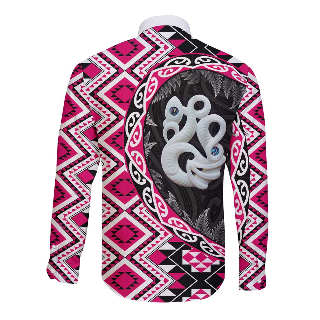 Pink Taniko Motif Aotearoa Manaia and Silver Fern Long Sleeve Button Shirt LT03 - Polynesian Pride