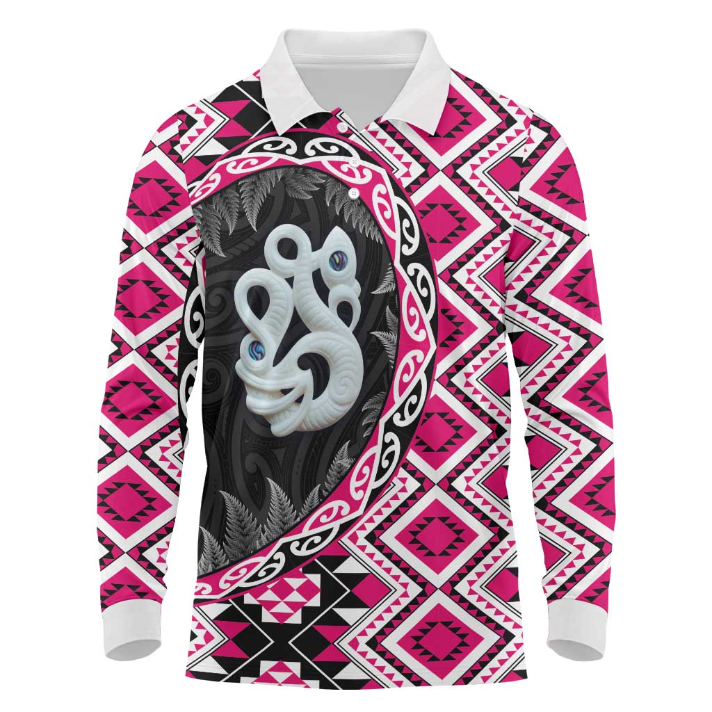 Pink Taniko Motif Aotearoa Manaia and Silver Fern Long Sleeve Polo Shirt