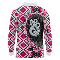 Pink Taniko Motif Aotearoa Manaia and Silver Fern Long Sleeve Polo Shirt