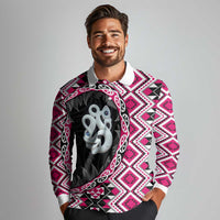 Pink Taniko Motif Aotearoa Manaia and Silver Fern Long Sleeve Polo Shirt