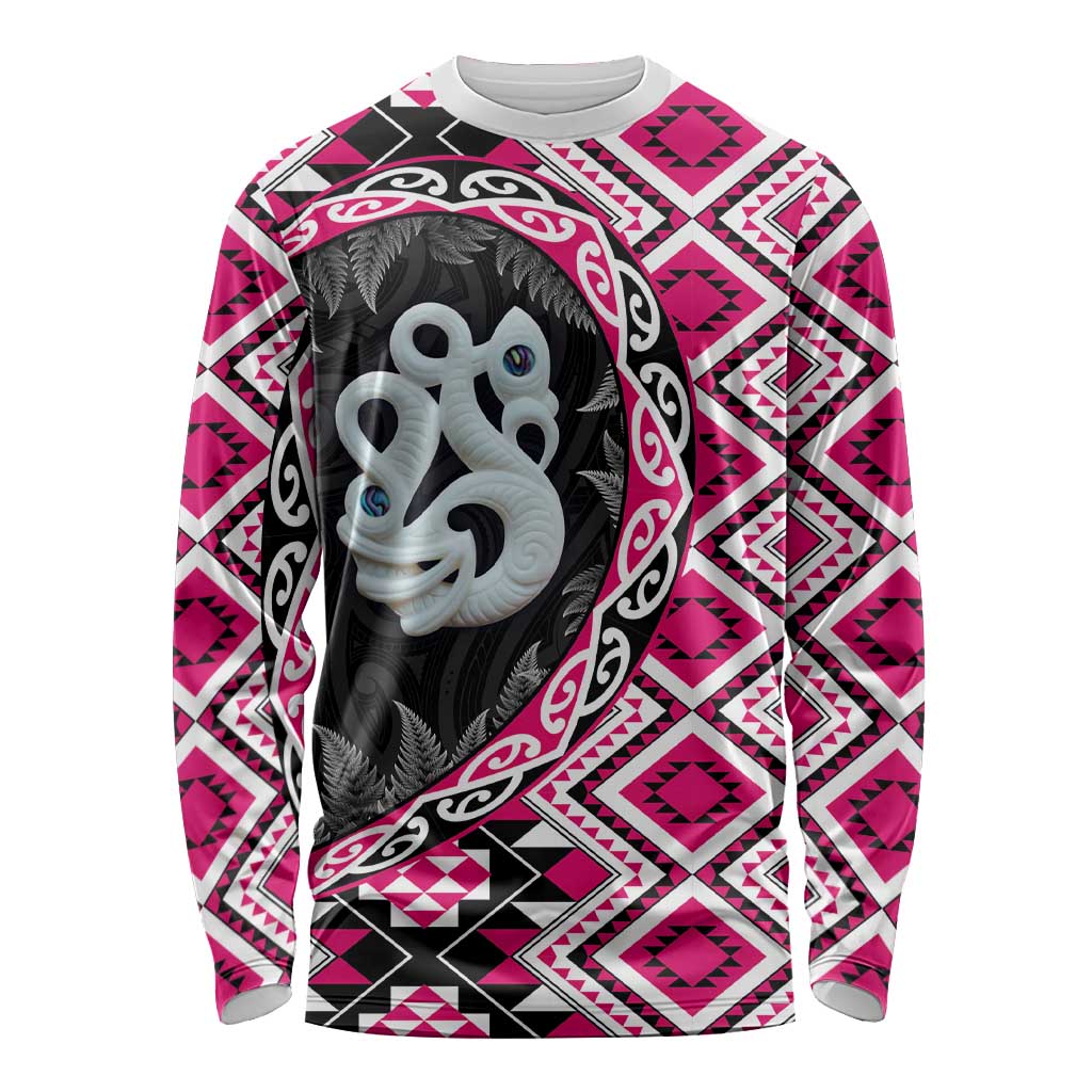 Pink Taniko Motif Aotearoa Manaia and Silver Fern Long Sleeve Shirt LT03 Unisex Pink - Polynesian Pride