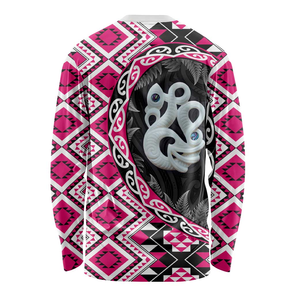 Pink Taniko Motif Aotearoa Manaia and Silver Fern Long Sleeve Shirt LT03 - Polynesian Pride