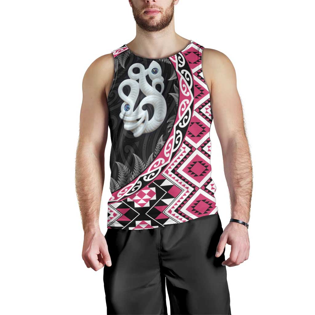 Pink Taniko Motif Aotearoa Manaia and Silver Fern Men Tank Top LT03 - Polynesian Pride