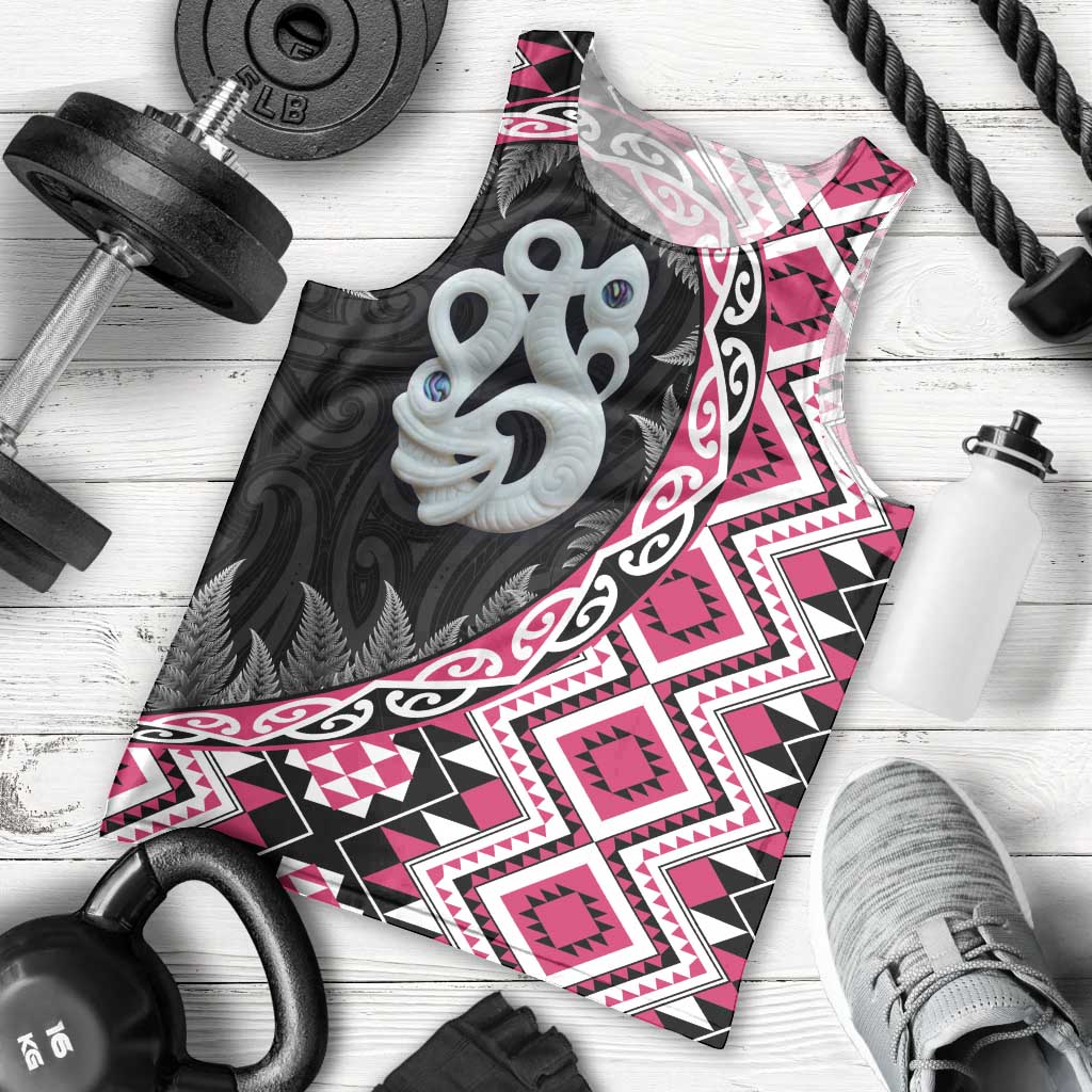 Pink Taniko Motif Aotearoa Manaia and Silver Fern Men Tank Top LT03 - Polynesian Pride