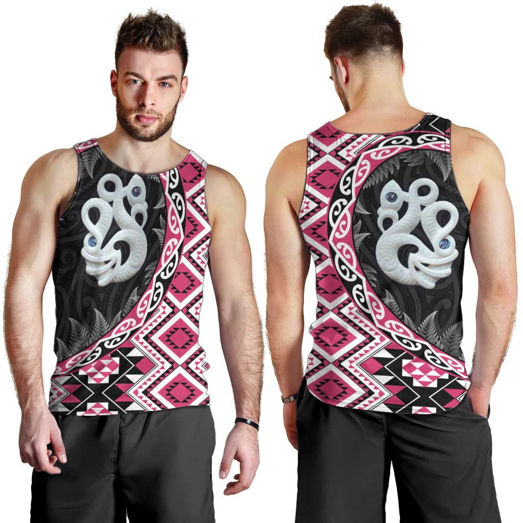 Pink Taniko Motif Aotearoa Manaia and Silver Fern Men Tank Top LT03 - Polynesian Pride