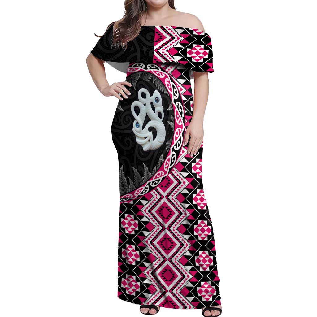 Pink Taniko Motif Aotearoa Manaia and Silver Fern Off Shoulder Maxi Dress LT03 Women Pink - Polynesian Pride