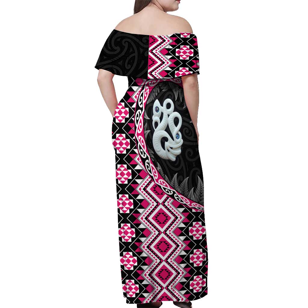 Pink Taniko Motif Aotearoa Manaia and Silver Fern Off Shoulder Maxi Dress LT03 - Polynesian Pride
