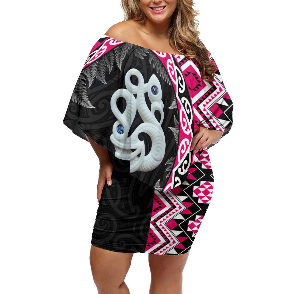 Pink Taniko Motif Aotearoa Manaia and Silver Fern Off Shoulder Short Dress LT03 Women Pink - Polynesian Pride