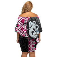 Pink Taniko Motif Aotearoa Manaia and Silver Fern Off Shoulder Short Dress LT03 - Polynesian Pride