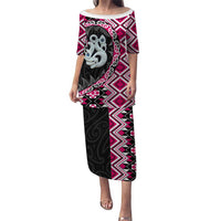 Pink Taniko Motif Aotearoa Manaia and Silver Fern Puletasi LT03 Long Dress Pink - Polynesian Pride