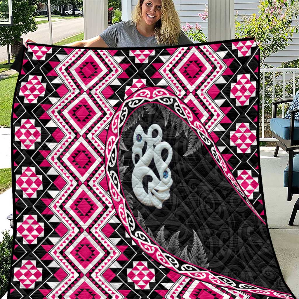 Pink Taniko Motif Aotearoa Manaia and Silver Fern Quilt