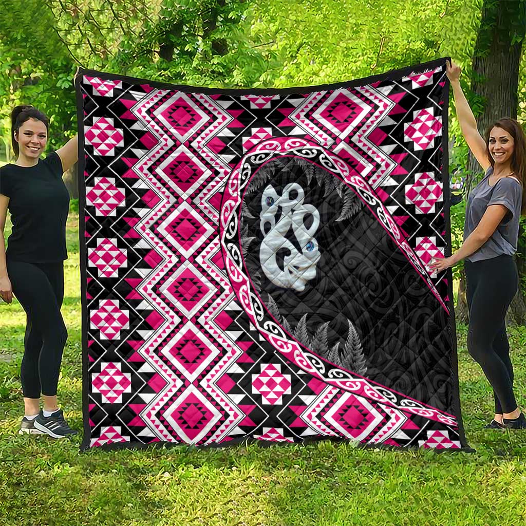 Pink Taniko Motif Aotearoa Manaia and Silver Fern Quilt
