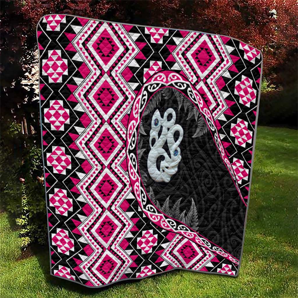 Pink Taniko Motif Aotearoa Manaia and Silver Fern Quilt