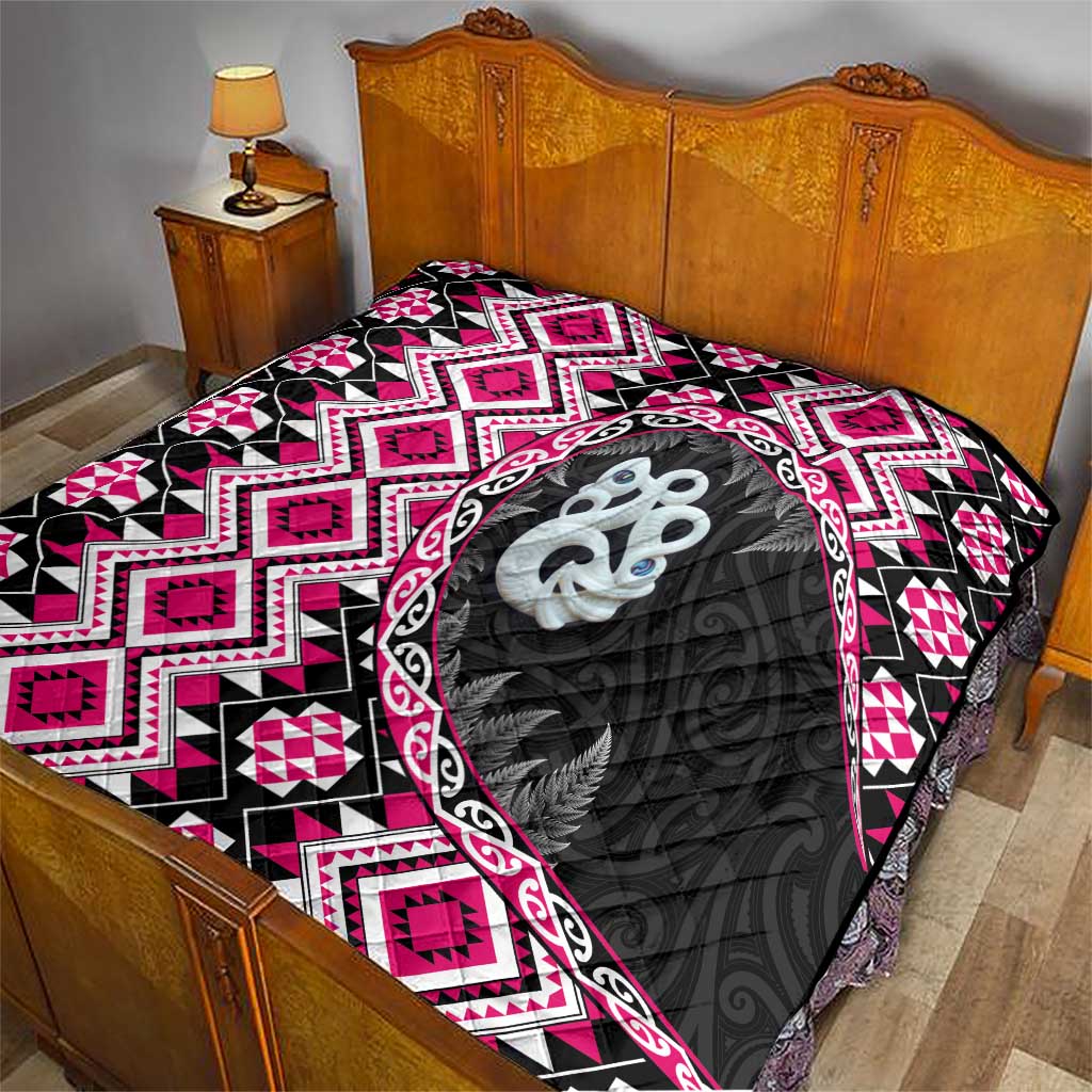 Pink Taniko Motif Aotearoa Manaia and Silver Fern Quilt