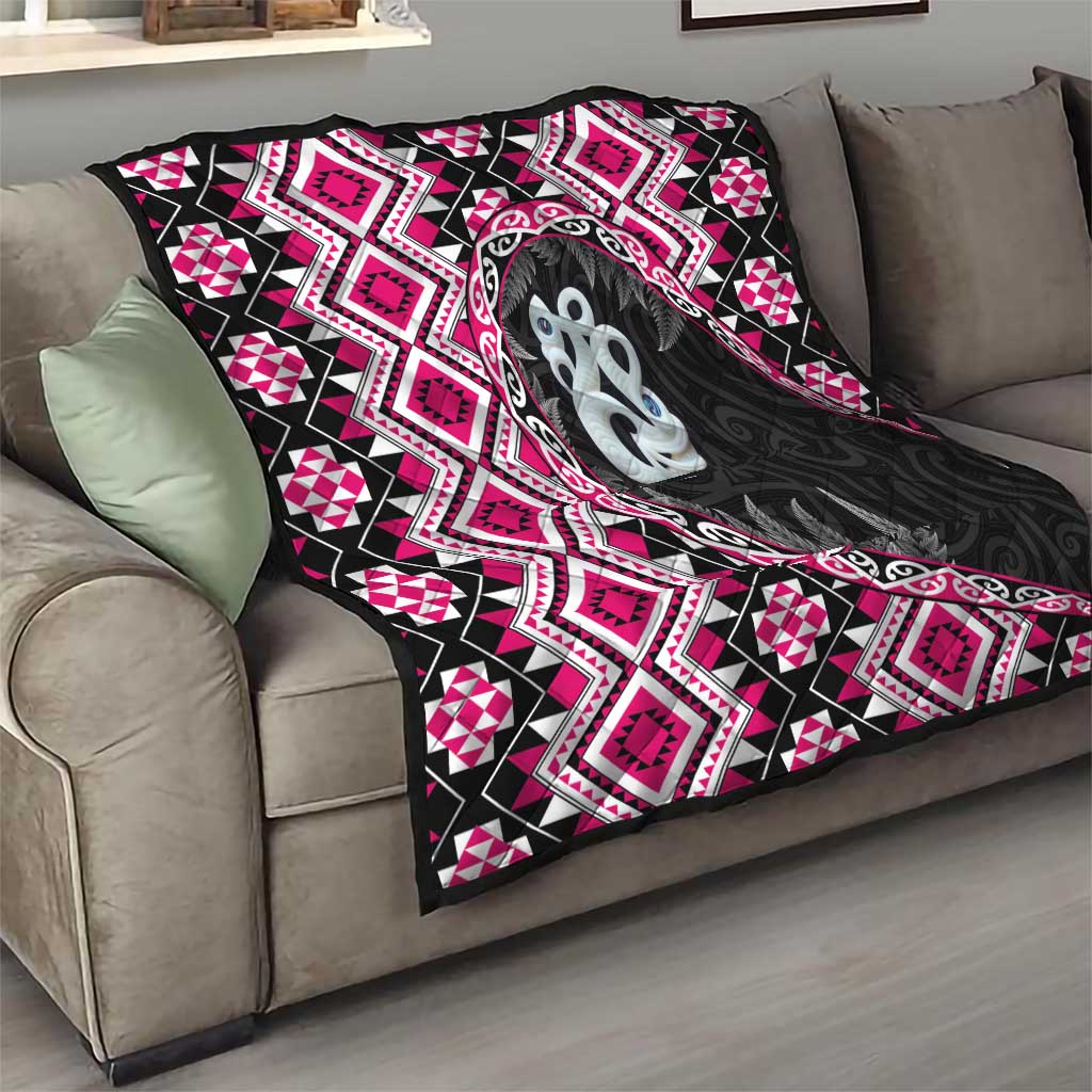 Pink Taniko Motif Aotearoa Manaia and Silver Fern Quilt