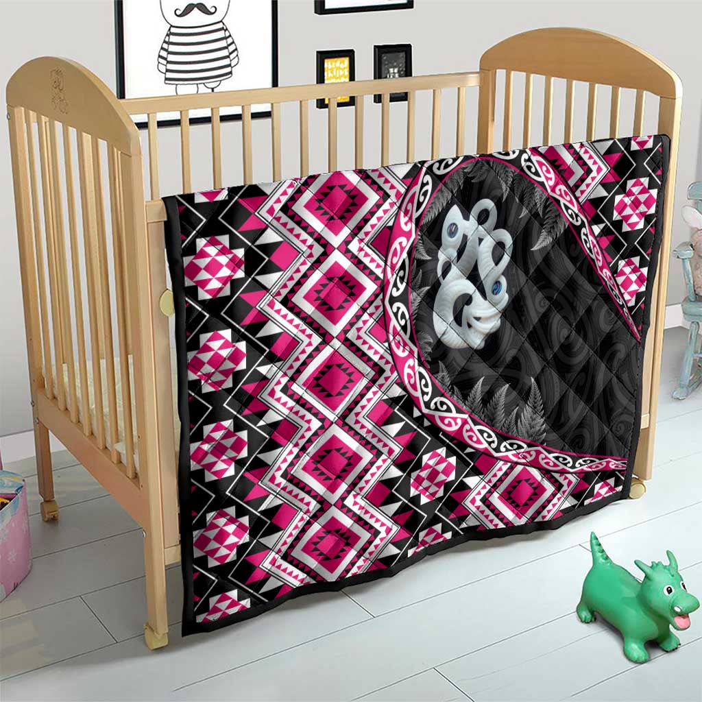 Pink Taniko Motif Aotearoa Manaia and Silver Fern Quilt