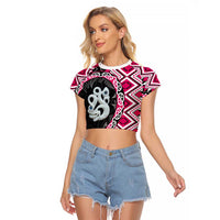 Pink Taniko Motif Aotearoa Manaia and Silver Fern Raglan Cropped T Shirt LT03 Female Pink - Polynesian Pride