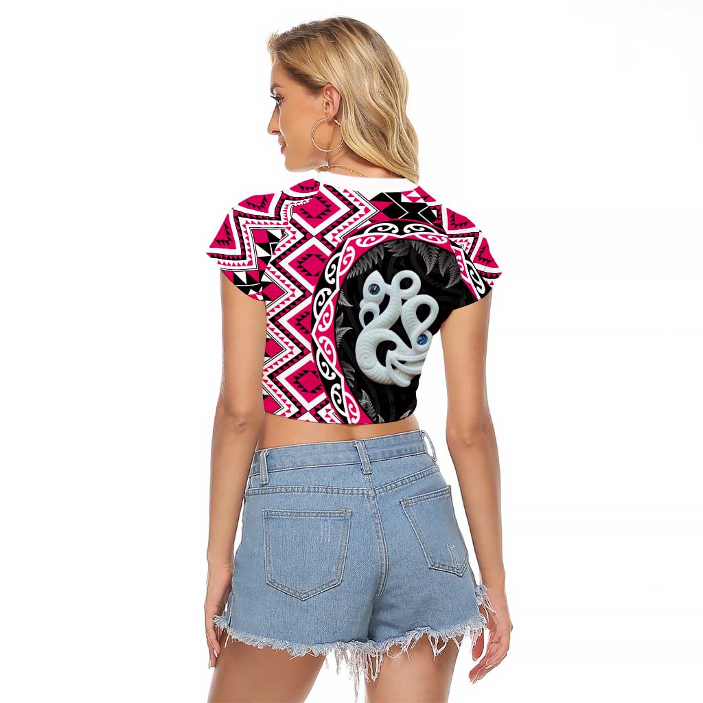 Pink Taniko Motif Aotearoa Manaia and Silver Fern Raglan Cropped T Shirt LT03 - Polynesian Pride