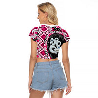 Pink Taniko Motif Aotearoa Manaia and Silver Fern Raglan Cropped T Shirt LT03 - Polynesian Pride
