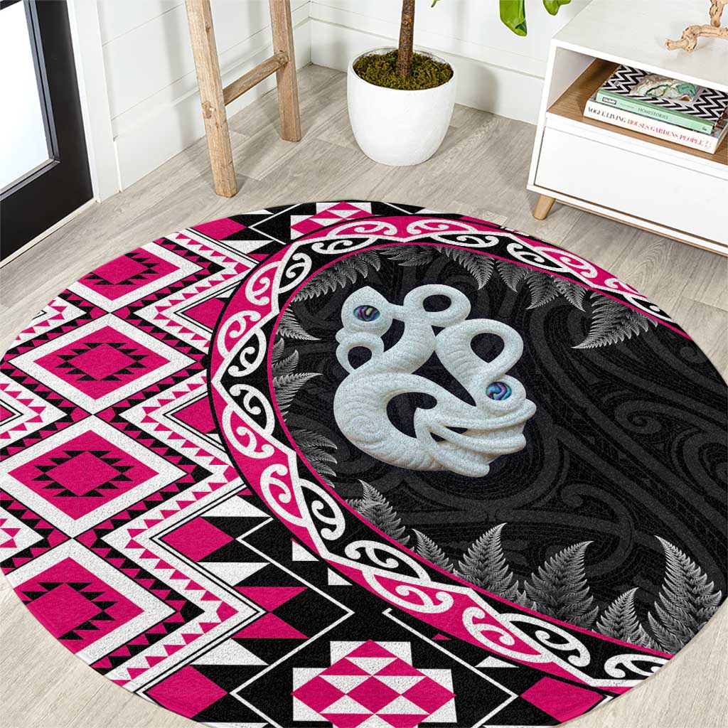 Pink Taniko Motif Aotearoa Manaia and Silver Fern Round Carpet