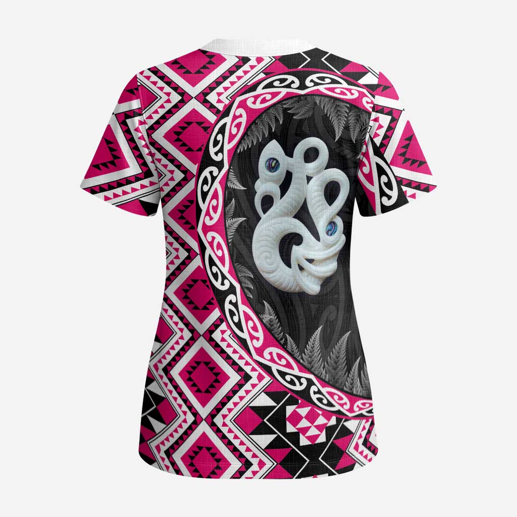 Pink Taniko Motif Aotearoa Manaia and Silver Fern Scrub Top LT03 - Polynesian Pride