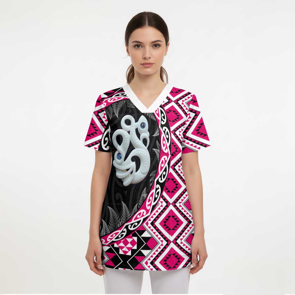 Pink Taniko Motif Aotearoa Manaia and Silver Fern Scrub Top LT03 - Polynesian Pride