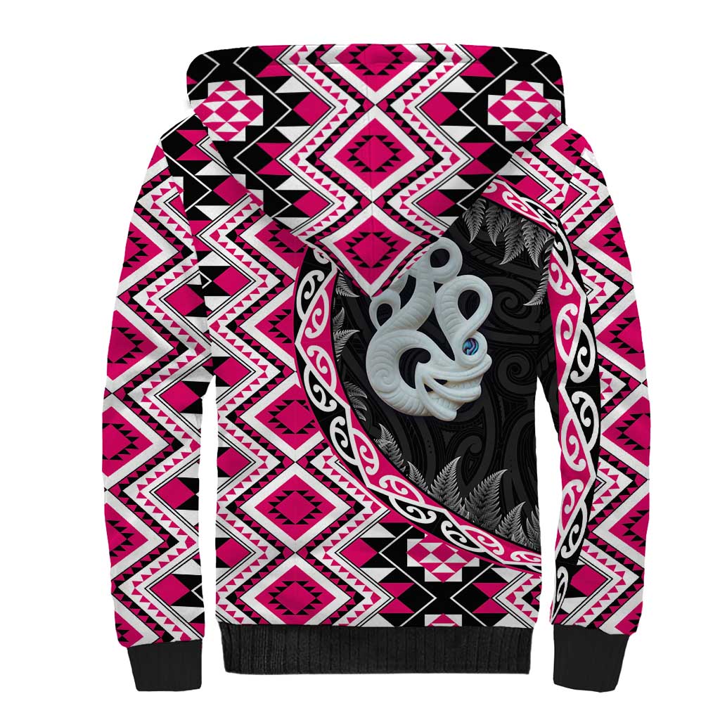 Pink Taniko Motif Aotearoa Manaia and Silver Fern Sherpa Hoodie LT03 - Polynesian Pride