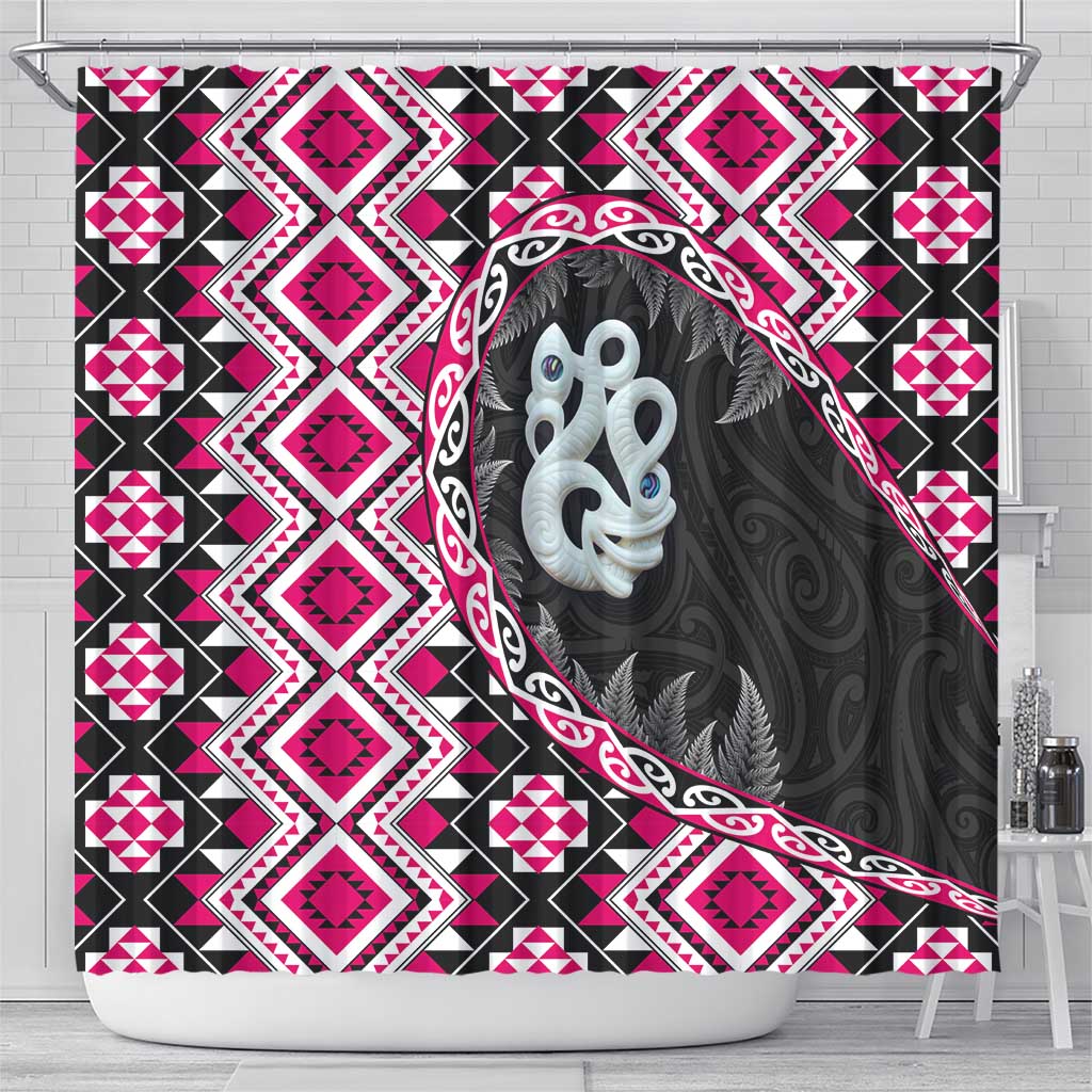 Pink Taniko Motif Aotearoa Manaia and Silver Fern Shower Curtain