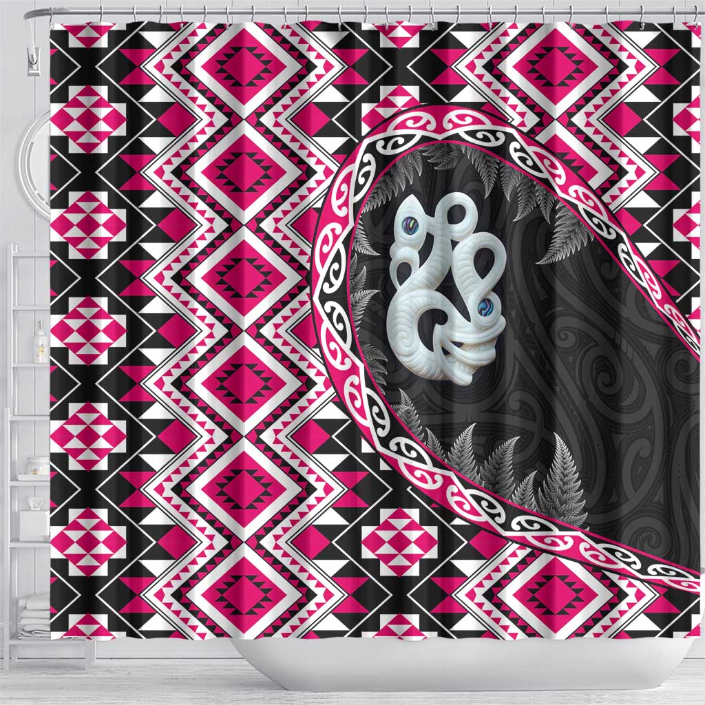 Pink Taniko Motif Aotearoa Manaia and Silver Fern Shower Curtain