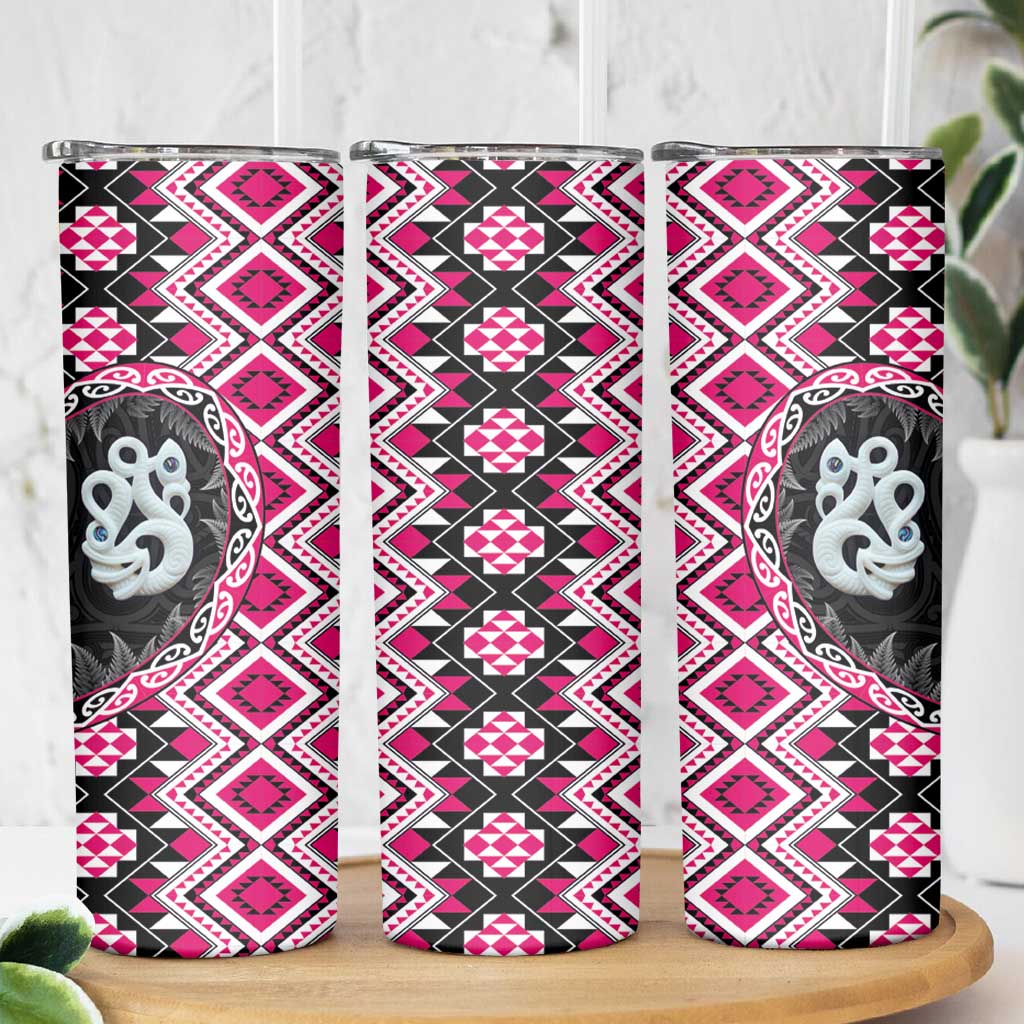 Pink Taniko Motif Aotearoa Manaia and Silver Fern Skinny Tumbler
