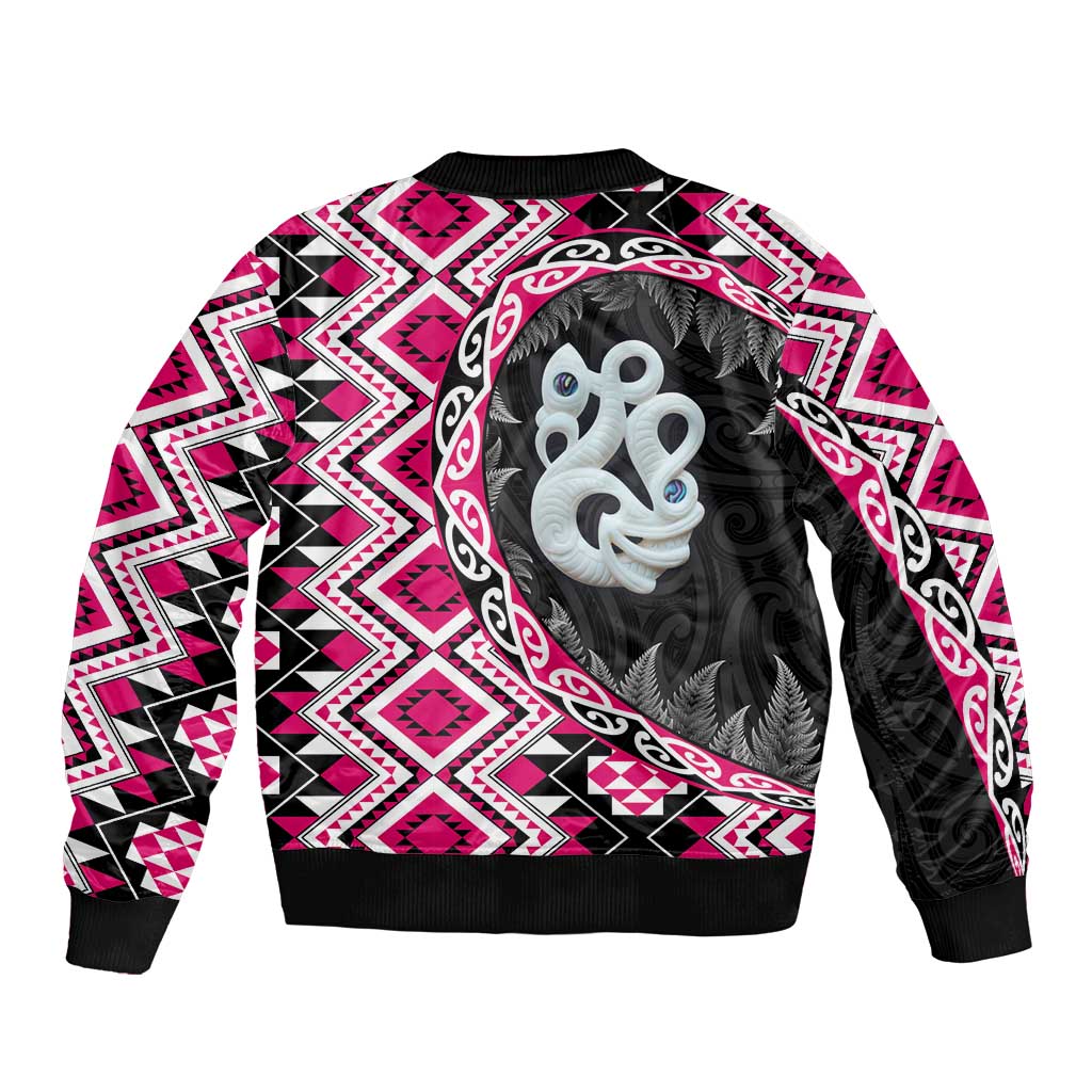 Pink Taniko Motif Aotearoa Manaia and Silver Fern Sleeve Zip Bomber Jacket