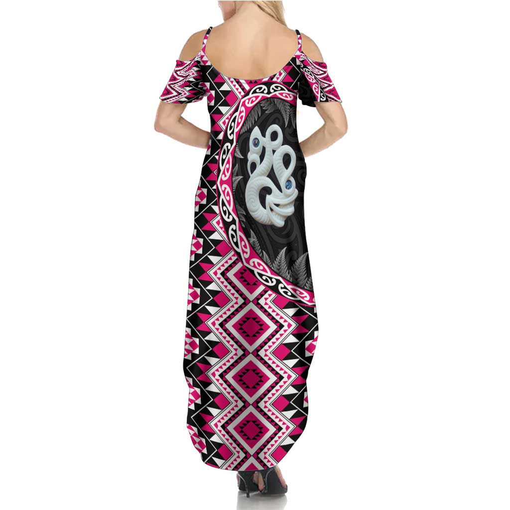 Pink Taniko Motif Aotearoa Manaia and Silver Fern Summer Maxi Dress LT03 - Polynesian Pride