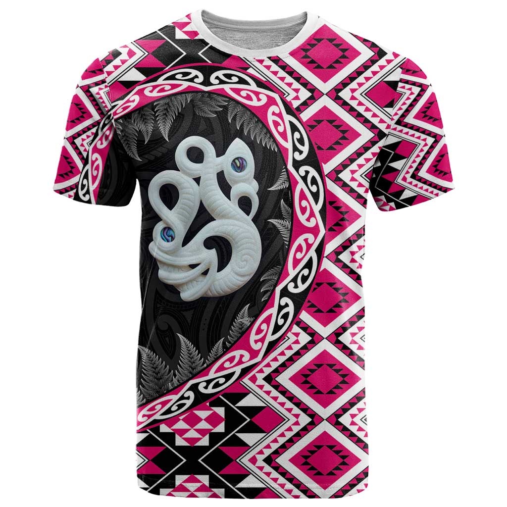 Pink Taniko Motif Aotearoa Manaia and Silver Fern T Shirt
