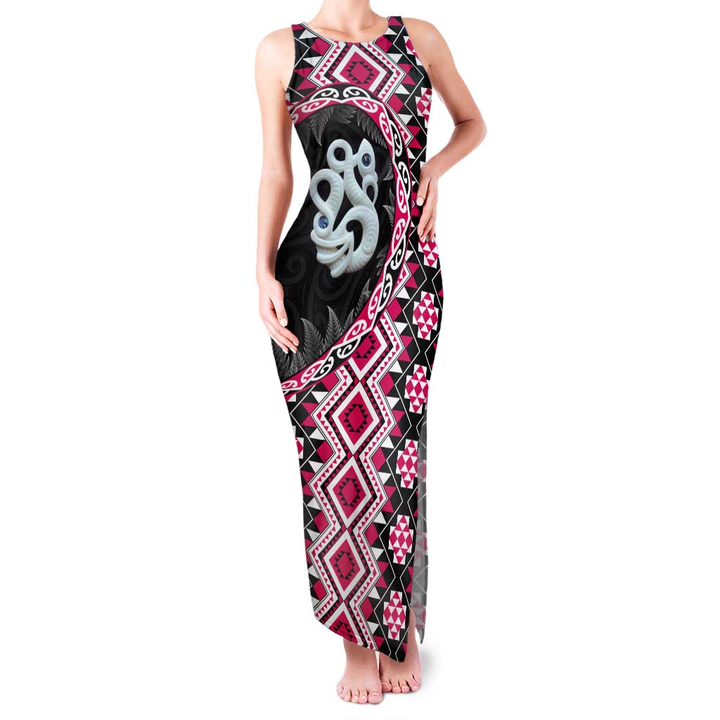 Pink Taniko Motif Aotearoa Manaia and Silver Fern Tank Maxi Dress LT03 Women Pink - Polynesian Pride