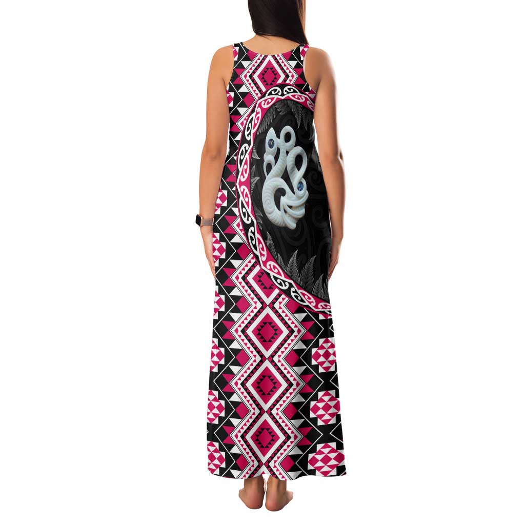 Pink Taniko Motif Aotearoa Manaia and Silver Fern Tank Maxi Dress LT03 - Polynesian Pride