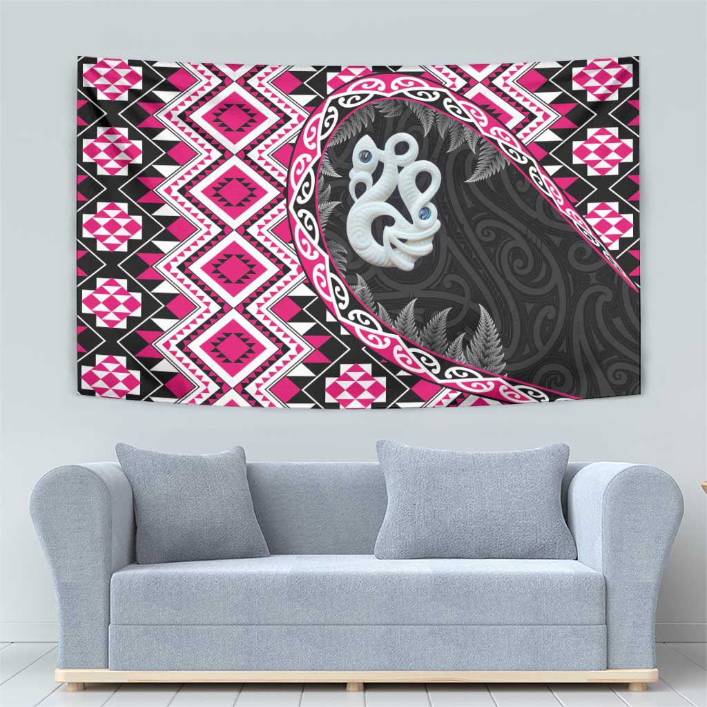 Pink Taniko Motif Aotearoa Manaia and Silver Fern Tapestry