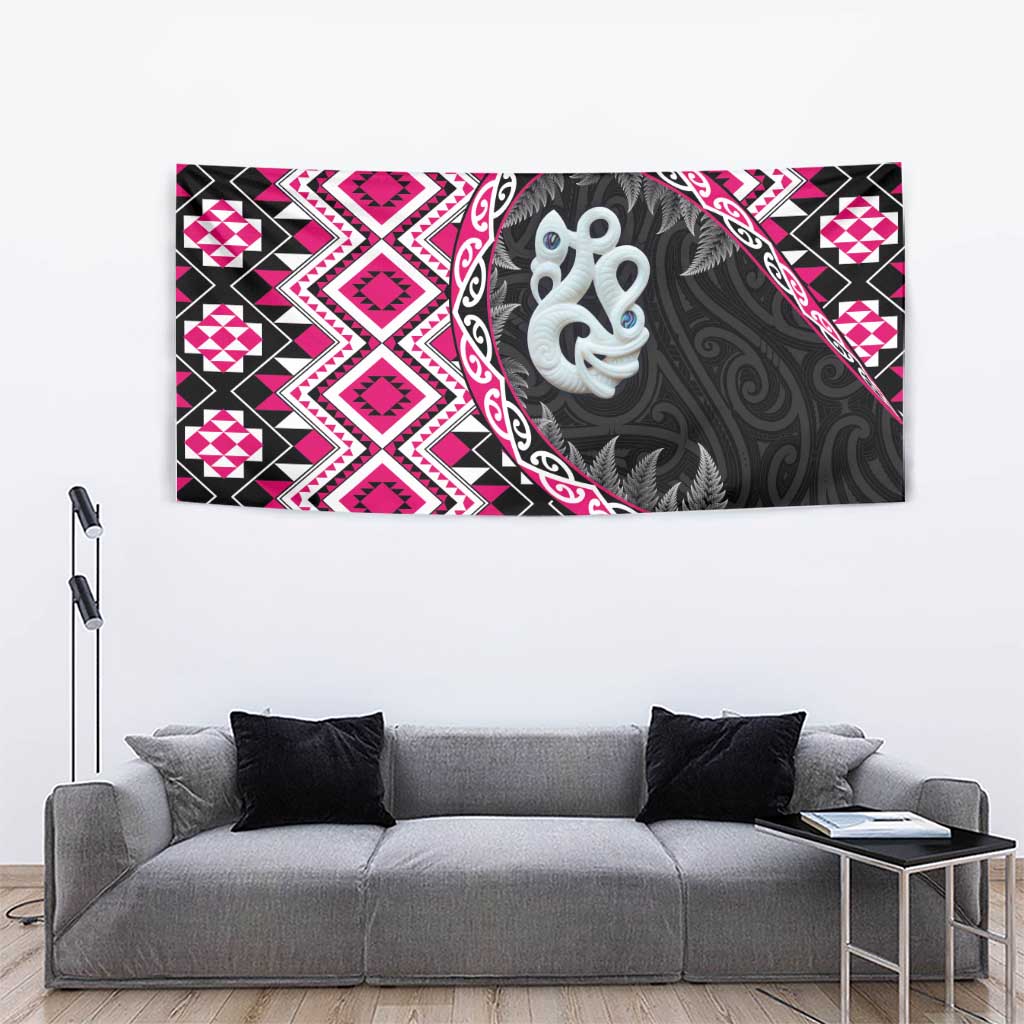 Pink Taniko Motif Aotearoa Manaia and Silver Fern Tapestry