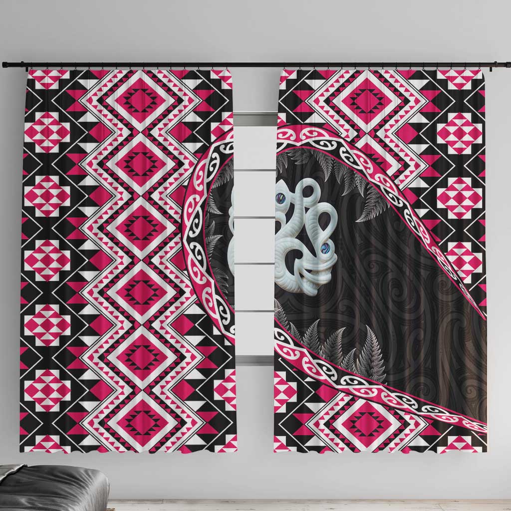 Pink Taniko Motif Aotearoa Manaia and Silver Fern Window Curtain LT03 With Hooks Pink - Polynesian Pride