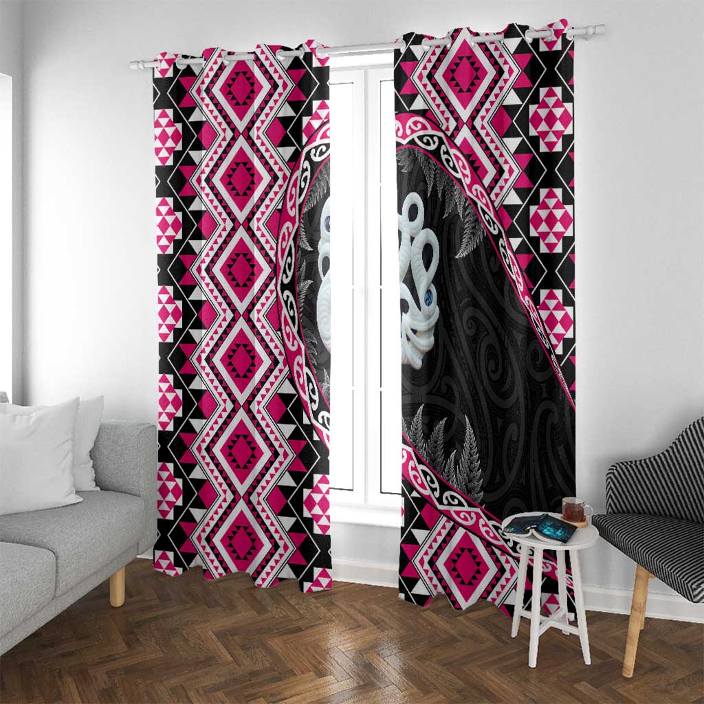 Pink Taniko Motif Aotearoa Manaia and Silver Fern Window Curtain LT03 With Grommets Pink - Polynesian Pride