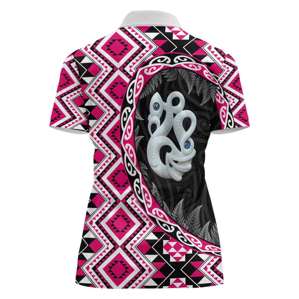 Pink Taniko Motif Aotearoa Manaia and Silver Fern Women Polo Shirt