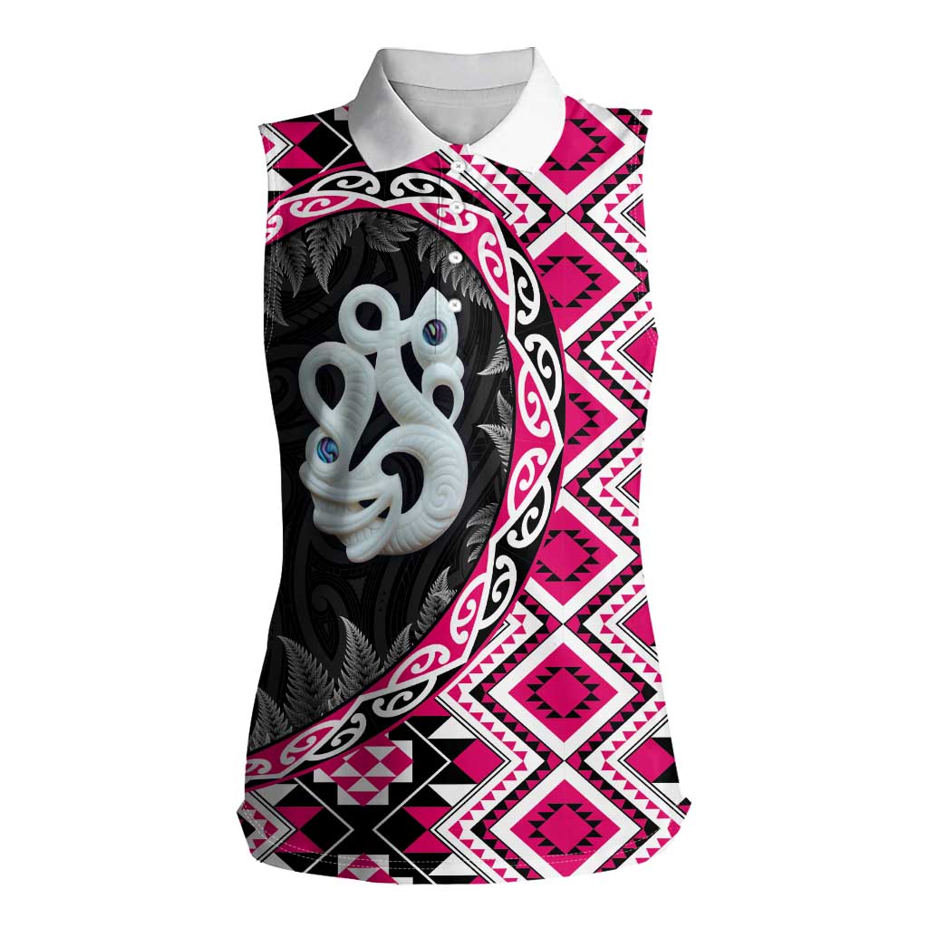 Pink Taniko Motif Aotearoa Manaia and Silver Fern Women Sleeveless Polo Shirt