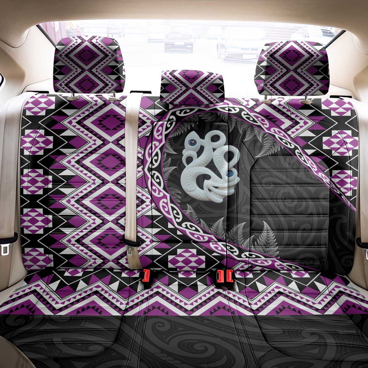 Purple Taniko Motif Aotearoa Manaia and Silver Fern Back Car Seat Cover