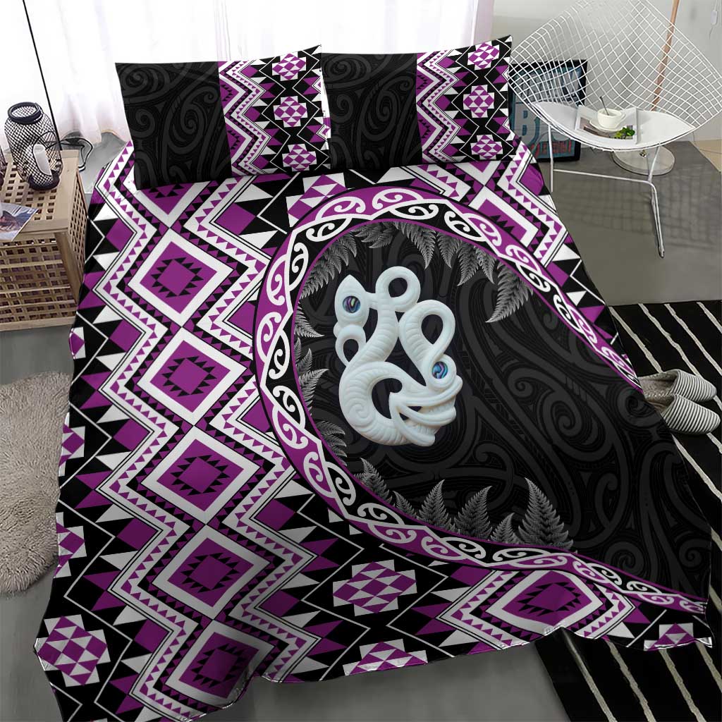 Purple Taniko Motif Aotearoa Manaia and Silver Fern Bedding Set