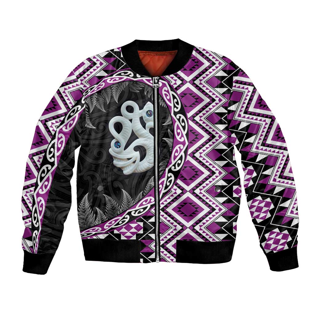 Purple Taniko Motif Aotearoa Manaia and Silver Fern Bomber Jacket